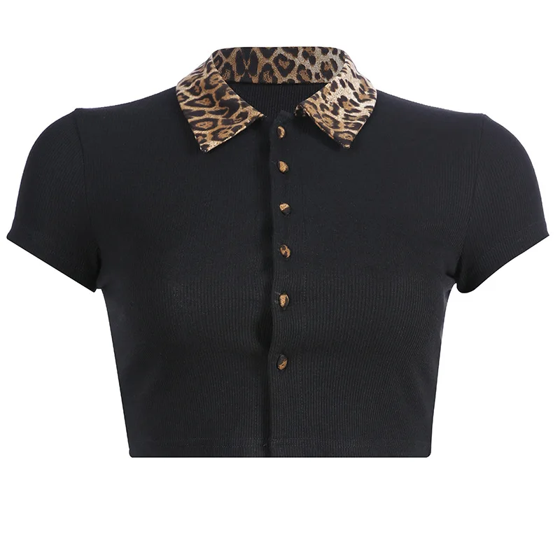 

2021 Spring And Summer New Fashion Women's Retro Leopard Print Lapel Sexy Button Cardigan Cropped Women's T-shirt
