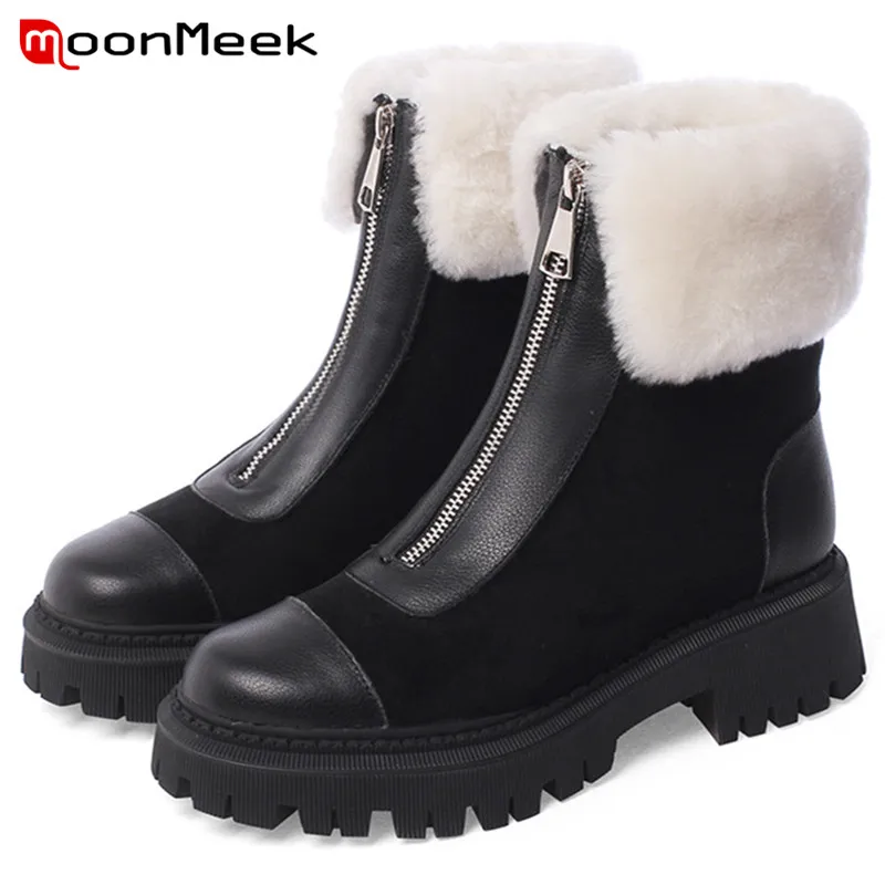 

MoonMeek 2022 New Arrive Snow Boots Women Winter Ankle Boots Zip Round Toe Genuine Leather +Flock Fashion Casual Shoes Ladies