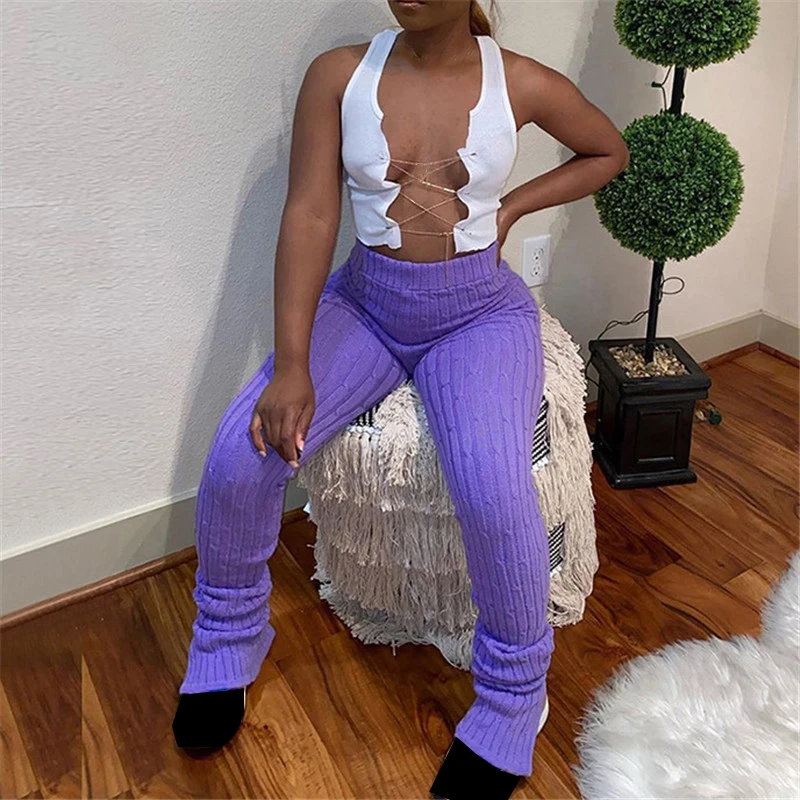 

hirigin Women Autumn Stacked Leggings Knitted Sporty Stretchy High Waist Pants Solid Casual Streetwear Winter Skinny Fitness