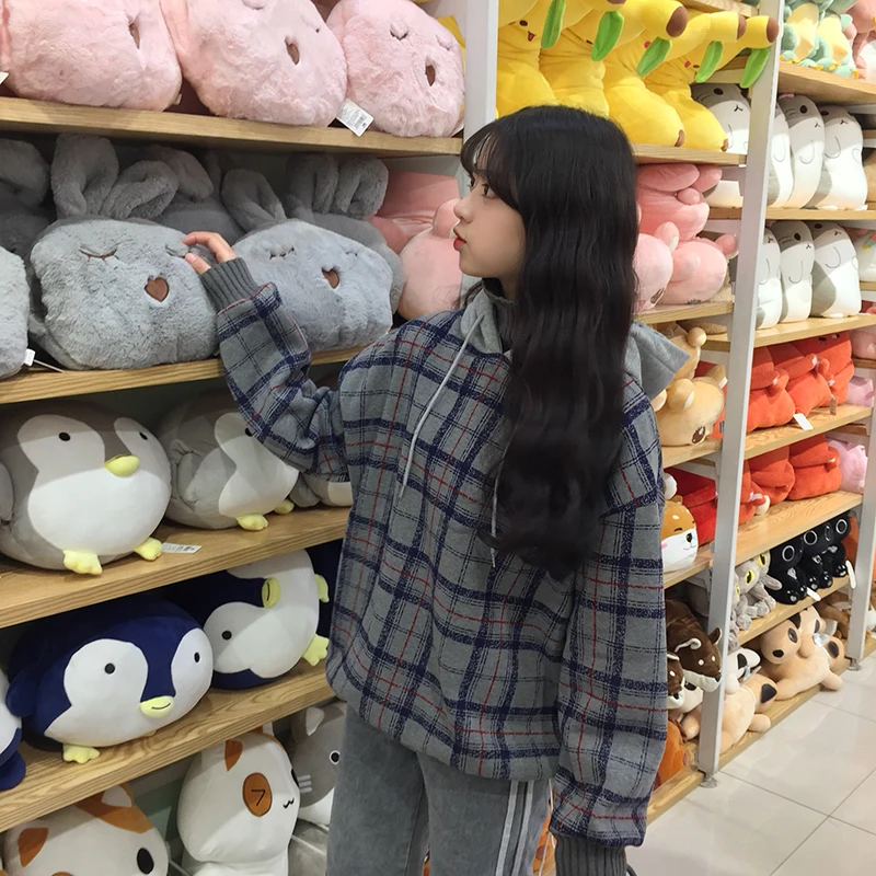 Harajuku флисовые кофты Женские клетчатые водолазки толстовки женские с длинным рукавом Повседневные Большие размеры пуловер с капюшоном одежда толстовка
