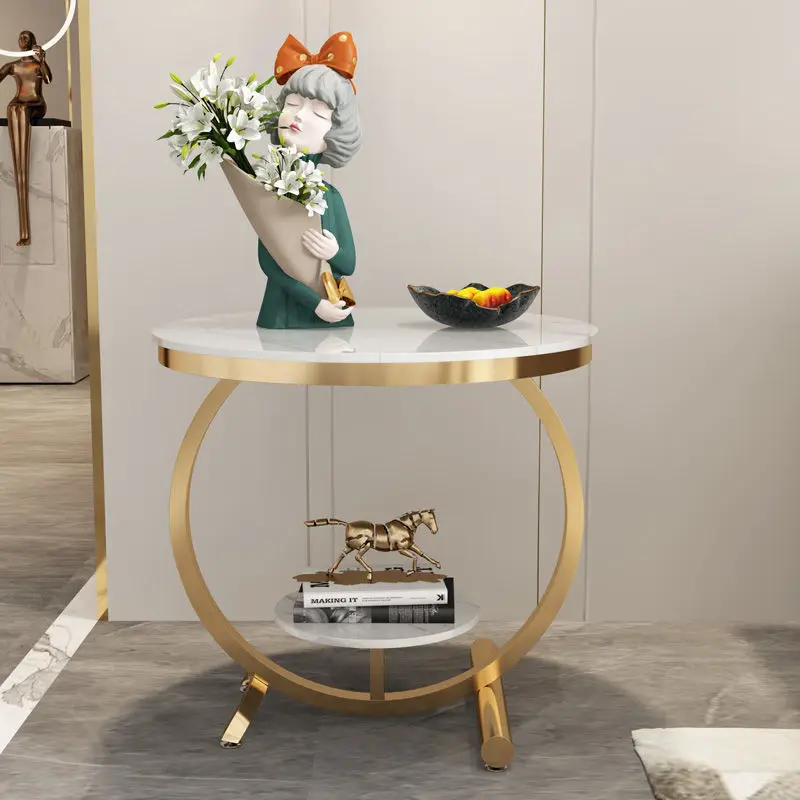 

Fashion Luxury Two Layer Marble Coffee Table Corner Table Creative Movable Small Round Table Golden Black Frame Home Furniture
