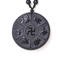natural obsidian religious six character mantra necklace pendant hand carved round black jewel lucky amulet the best gift