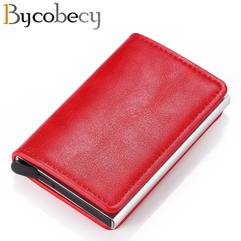 

Bycobecy Card Wallet Credit Card Holder Men And Women Metal RFID Vintage Aluminium Box Crazy Horse PU Leather Fashion