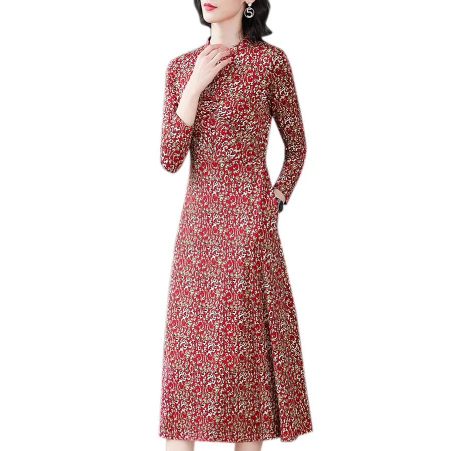 Женское винтажное красное платье миди с принтом осенне зимнее большого размера