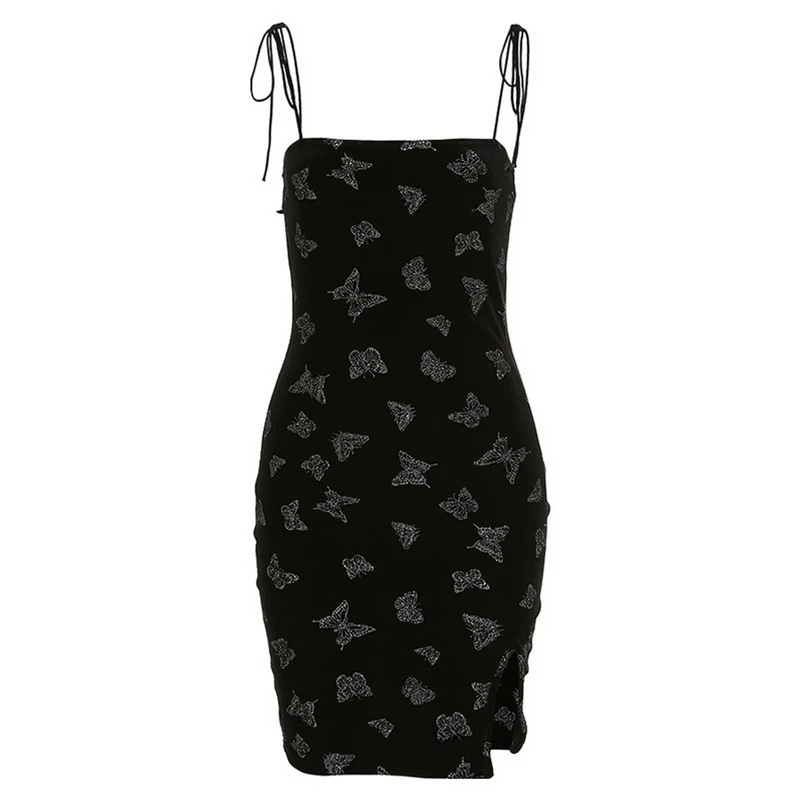 

2021 V Neck Sleeveless Sexy Mini Dress Women Split Summer Backless Spaghetti Strap Short Dresses Ladies Butterfly Printed Beach