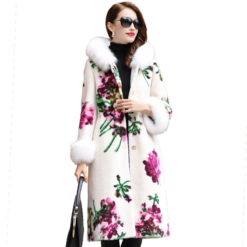 Новинка шуба из овчины зима 2019 женское длинное пальто лисьего меха с принтом