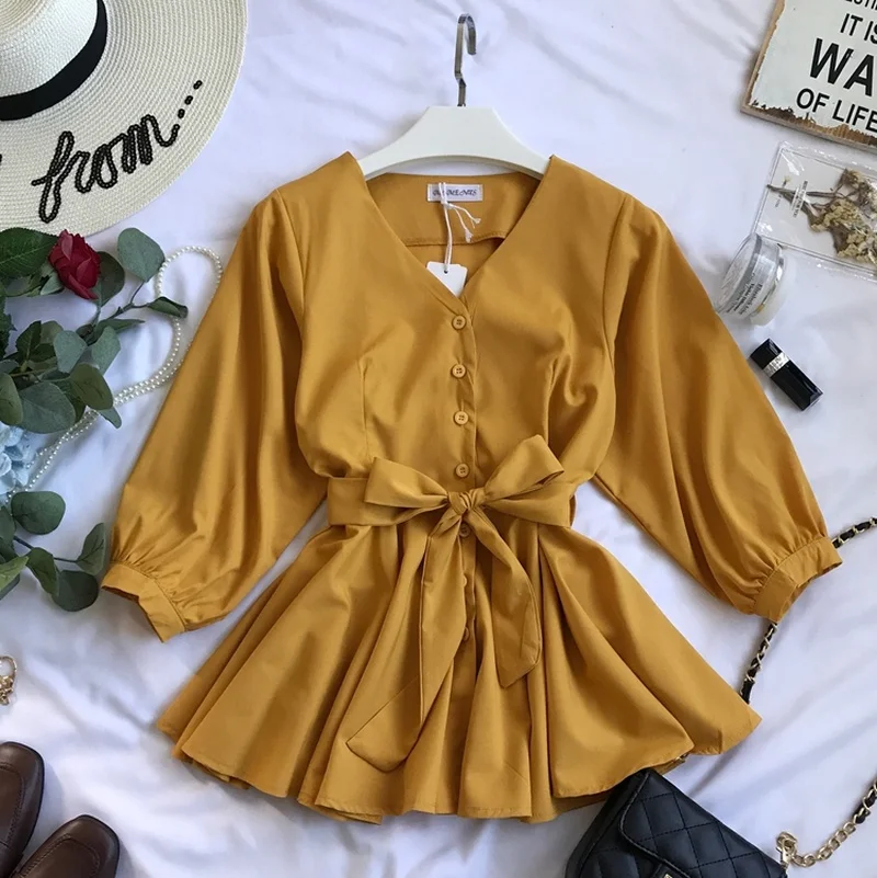 Рубашка Neploe Женская плиссированная с V-образным вырезом и поясом Простой Модный