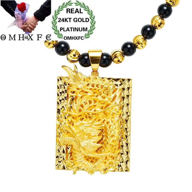 

MHXFC Wholesale European Fashion Man Male Party Wedding Gift Vintage Dragon Rectangle Bead Real 18KT Gold Pendant Necklace NL170