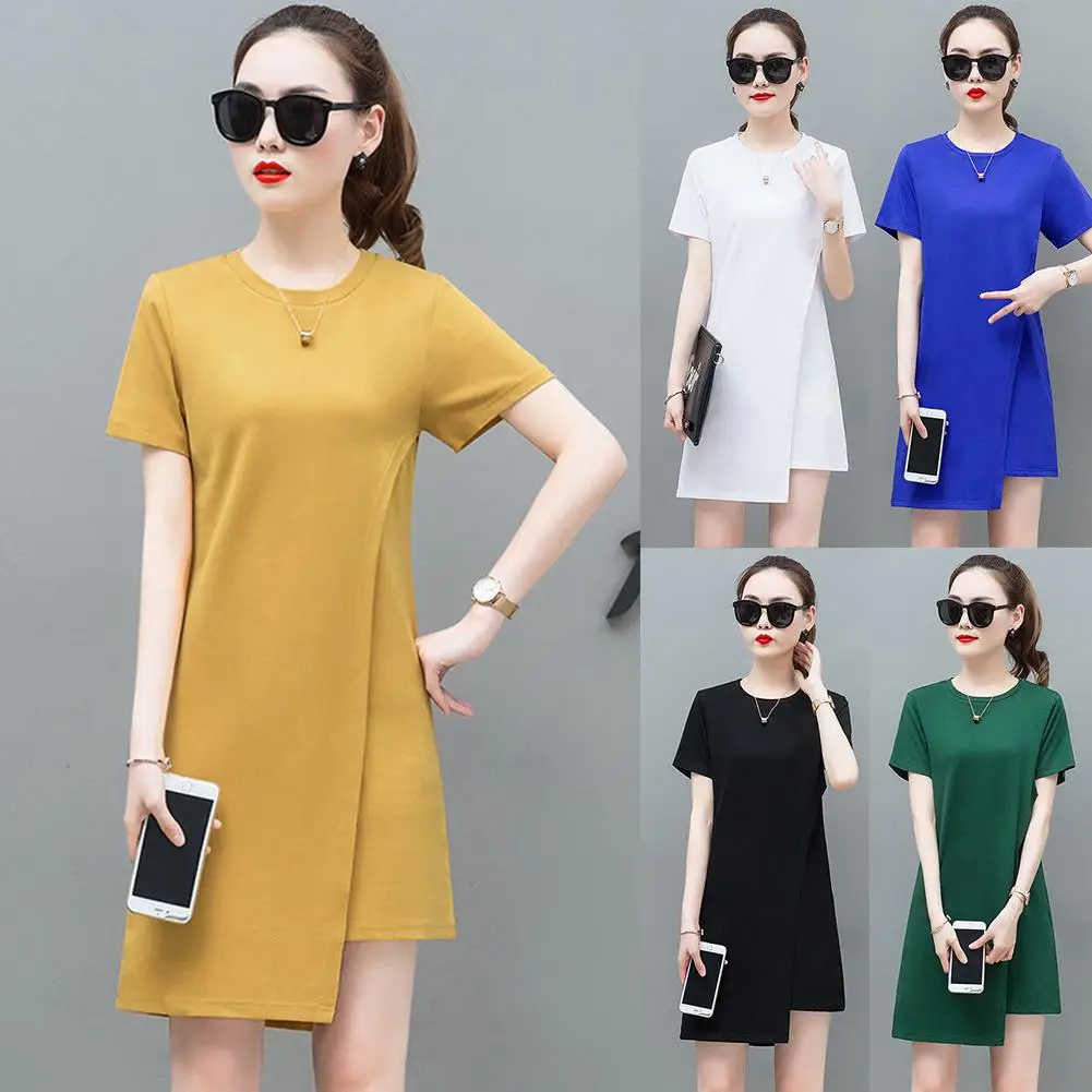 

4XL Fashion Casual Boho Dresses Womens Solid Color O Neck Short Sleeve Double-Layer Irregular Mini Dress Vestido Summe