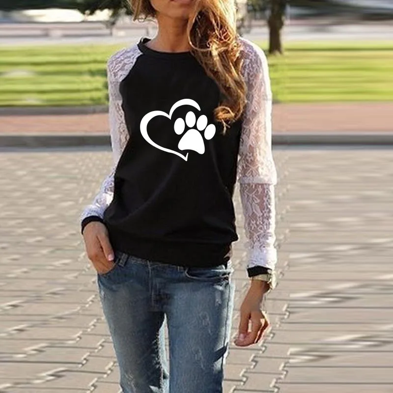 Женская Кружевная футболка с длинным рукавом осень 2019|Футболки| |