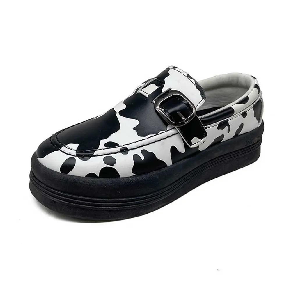 

Spring Summer Thin Shoes Women Gothic Lolita Cow Printed Casual PU Leather Shoes Korean Japanese Style Low Heel 2021 Black White