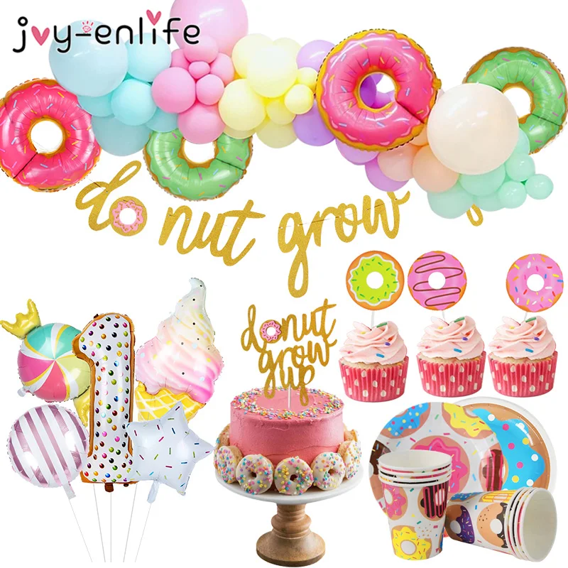

Doughnut Banner Paper Cup Napkin Plates Happy Birthday Anniversary Baby Shower Candy Bar Party Decoration Donut Party