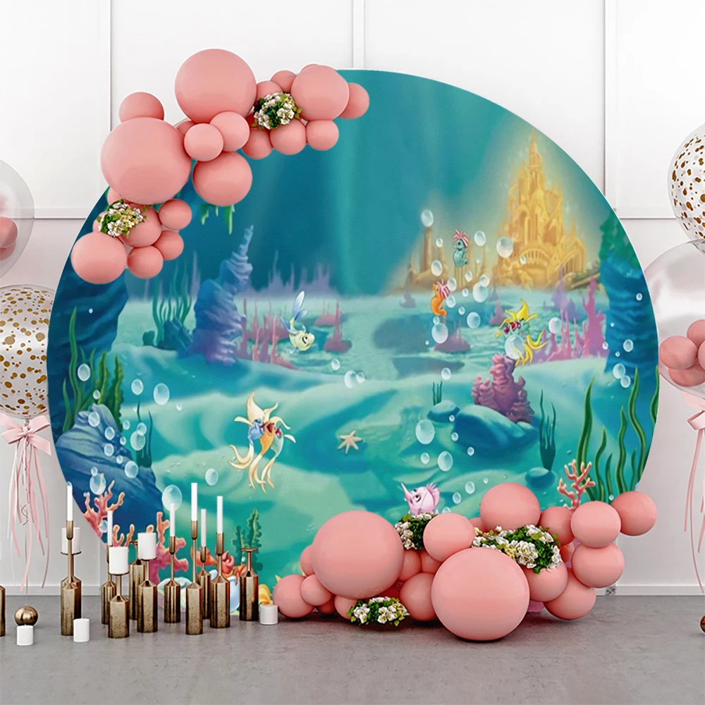 

Laeacco Round Background For Photography Newborn Baby Shower Birthday Party Underwater World Fish Shell Plants Circle Backdrop