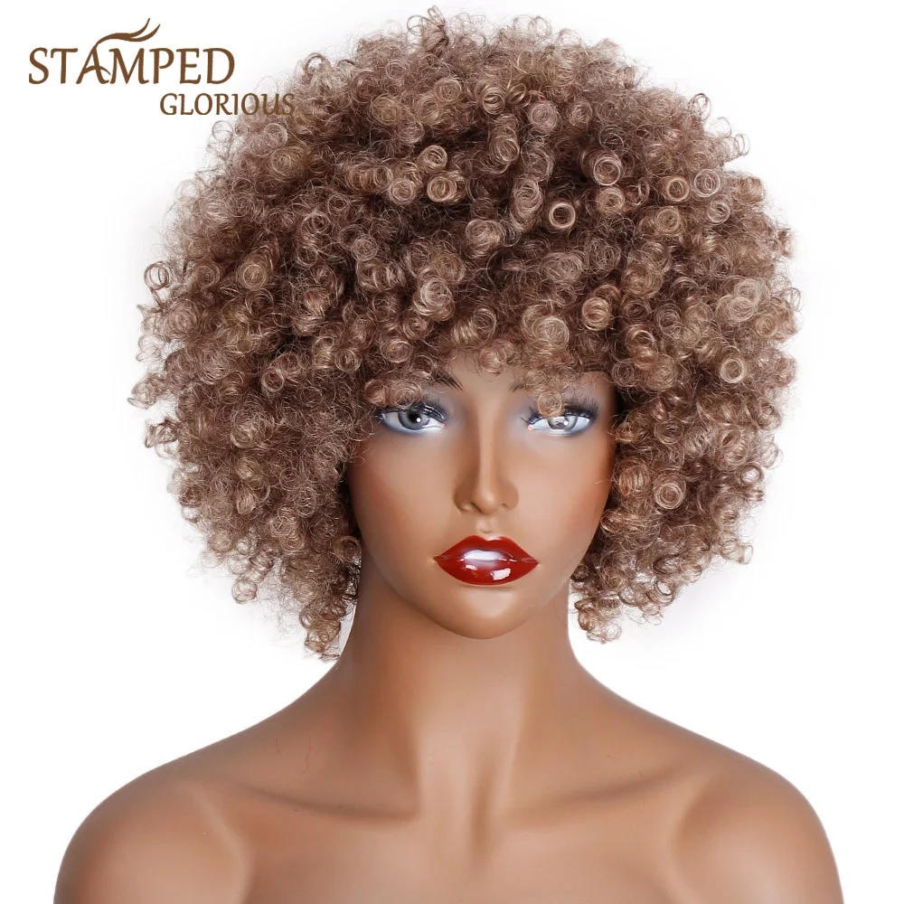 

Stamped Glorious Synthetic Afro Kinky Curly Wig Mixed Brown Wigs for Black Women Short Curly Wig with Bangs High Temperature