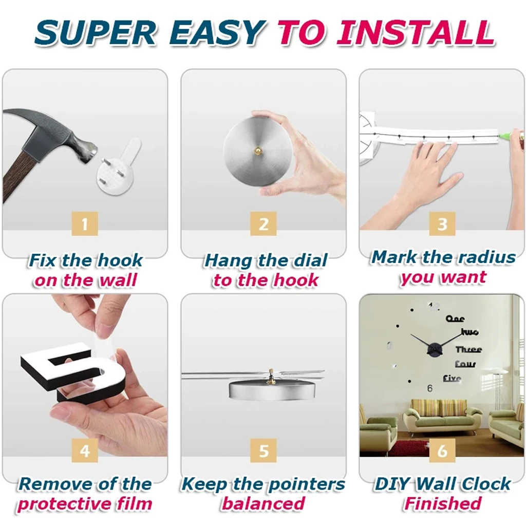 3D настенные часы современные большие самоклеящиеся стикеры креативные