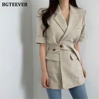 bgteever elegant cotton and linen work blazer women summer short sleeve belted female suit jacket 2020 female pockets outwear