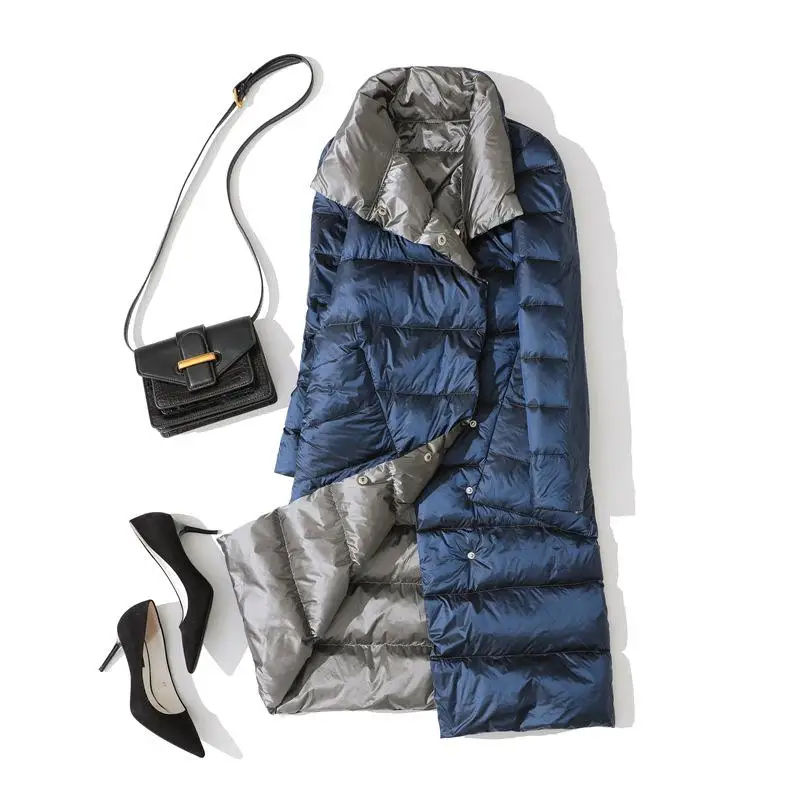 Blue Gray Fitaylor, Женский Двухсторонний пуховик, Длинная зимняя куртка, водолазка, белый утиный пух, пальто, двубортные парки, теплая зимняя верхняя одежда - Цвет: Blue Gray