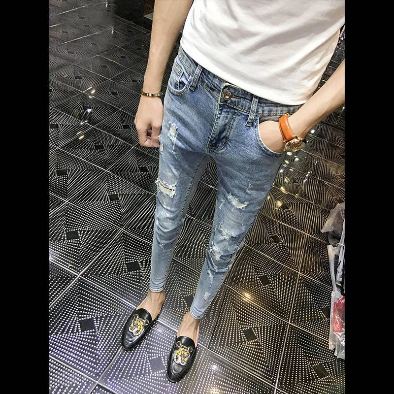 

Hot 2019 Summer Slim ripped hole beggar jeans hip hop washing teenagers men's trendy feet pencil pants ankle length jeans hombre