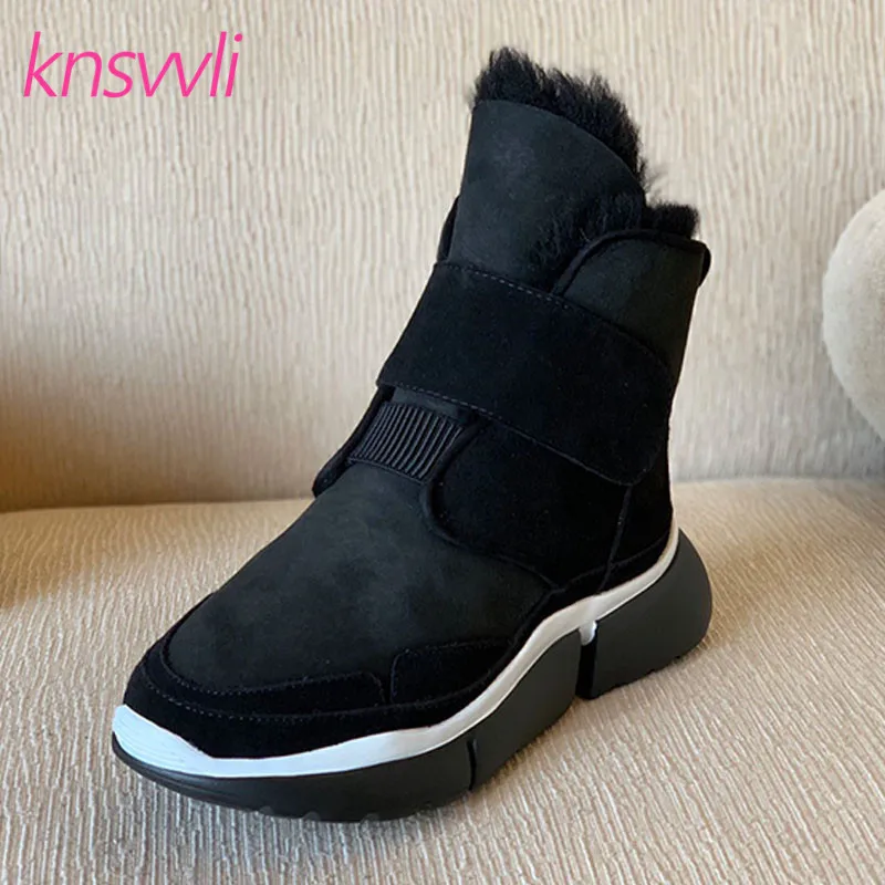 

Winter Suede Fur Snow Boots Women Round Toe Loop Warm Cotton Boots Ladies Sheep Wool Women Shoes Thick Sole Ankle Boots Woman