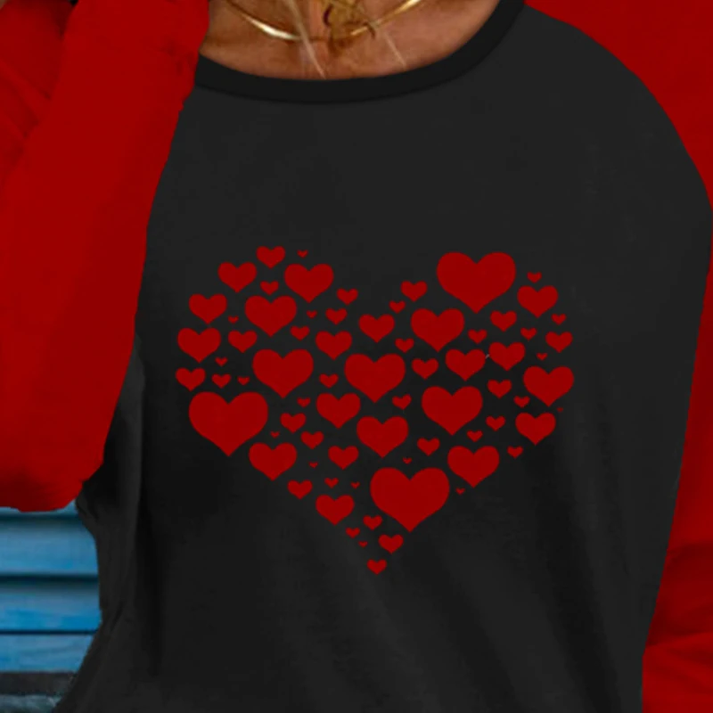 

2021 Summer Women Fashion Casual Colorblock Heart Print Long Sleeve Loungewear Sweatshirt Kawaii Street Style Harajuku Shirts