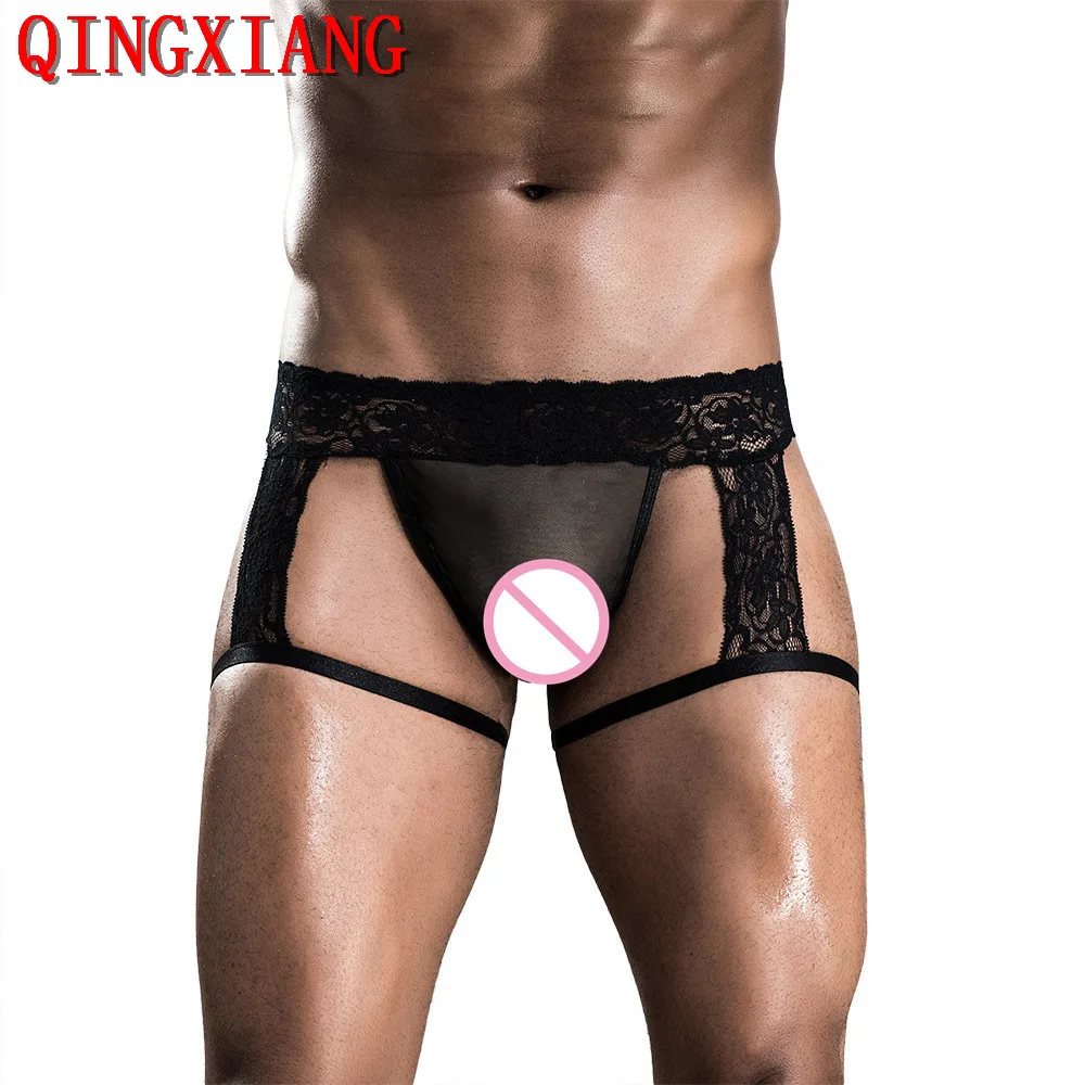 

2020 Sexy Men See Fetter Thigh Elastic Band Short Panties Tulle Lace G-strings Thongs Gay Underwear Night Club Bulge Cock Pouch