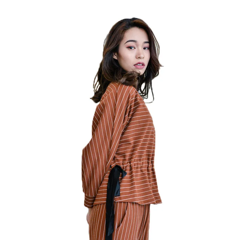 

Cotton Homewear Women Pajamas Sets Long Sleeve Wide Leg Trousers Sleepwear Female Striped Tops + Pants Home Suit Pyjamas MA70034