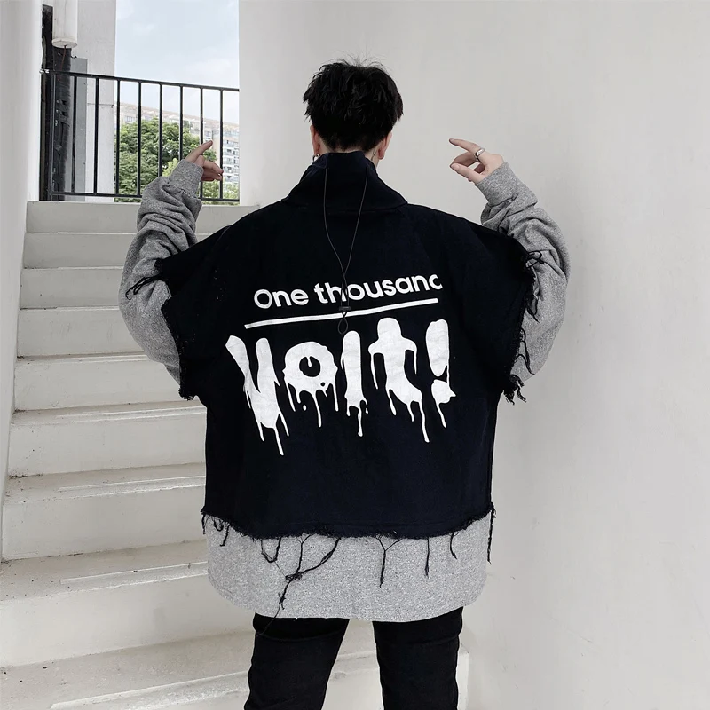 

Men 2 Pieces Splice Print Broken Vintage Casual Long Sleeve Pullover Sweatshirt Male Streetwear Hip Hop Hoodie Sweatshirt