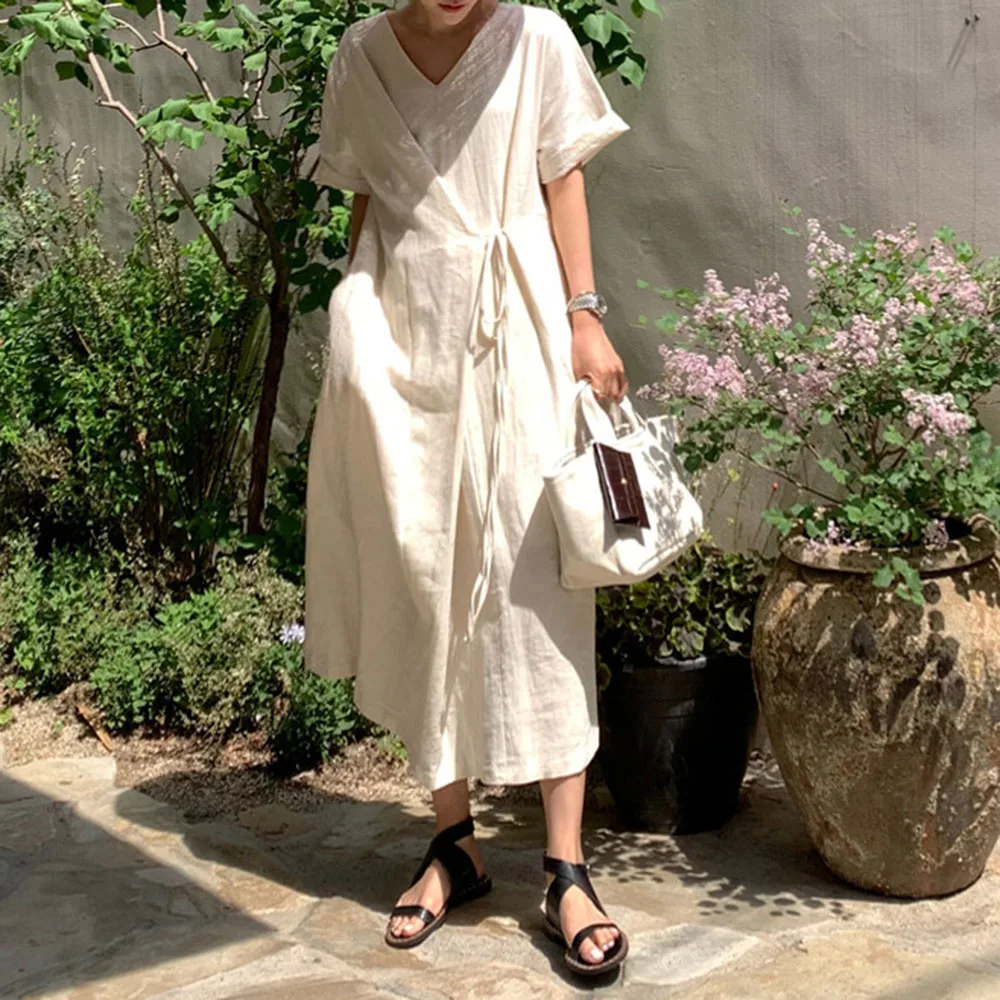 

2021 Summer New Long Solid Color Fashion Casual Loose Lace Japanese Style Women's Dress V-neck Summer Temperament