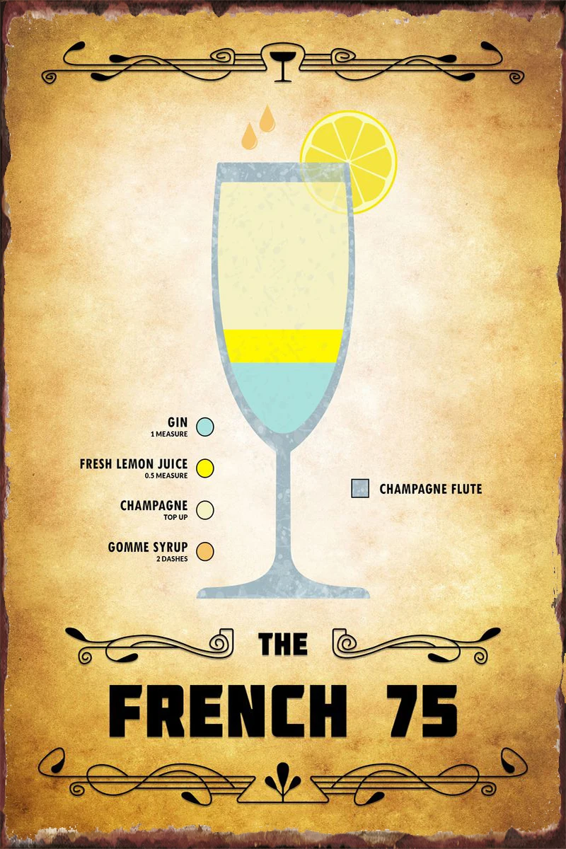 

Французский 75 коктейльный настенный Декор для комнаты Ретро винтажный металлический знак Оловянная табличка для художественного клуба му...