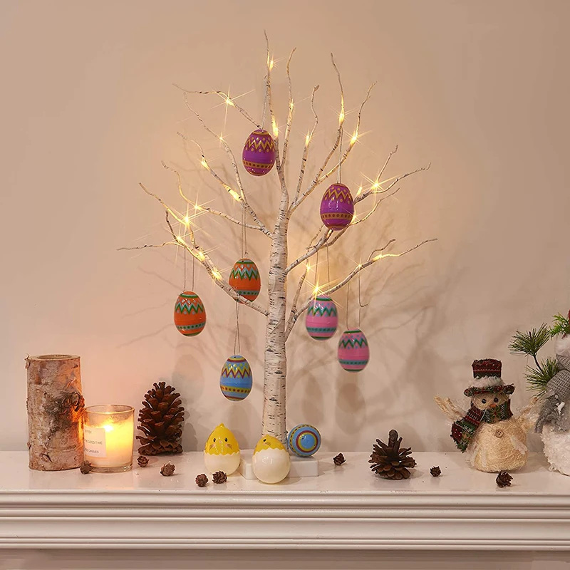 

White Birch Tree with 24 LED Lights Easter Party Decor Home Table Centerpiece Easter Eggs Wooden Craft Kids Party Gift Ornament