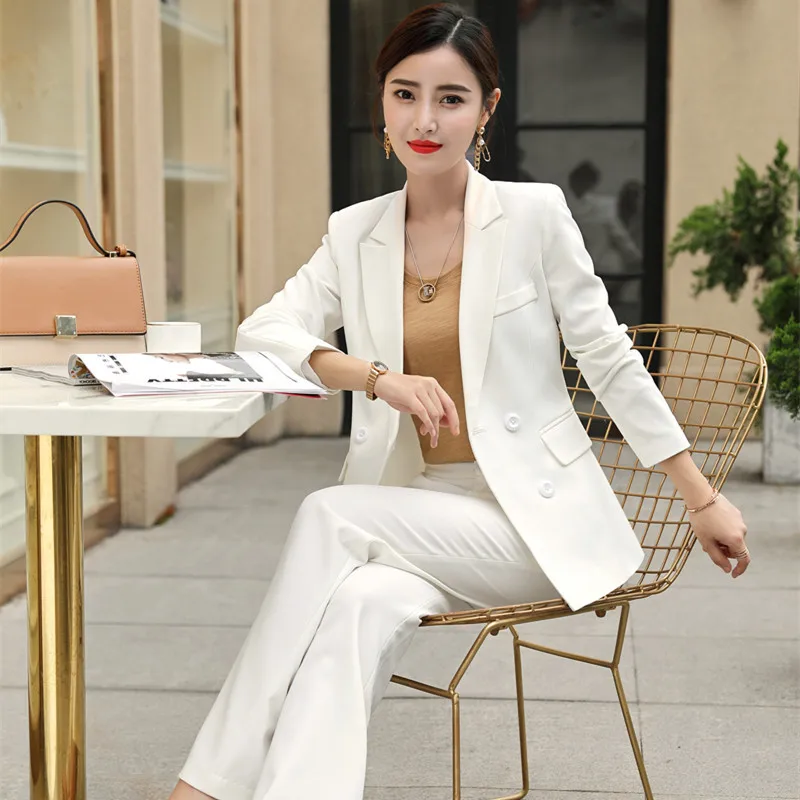 High quality women's suits white pants suit autumn and winter slim double-breasted jacket blazer Female office wear
