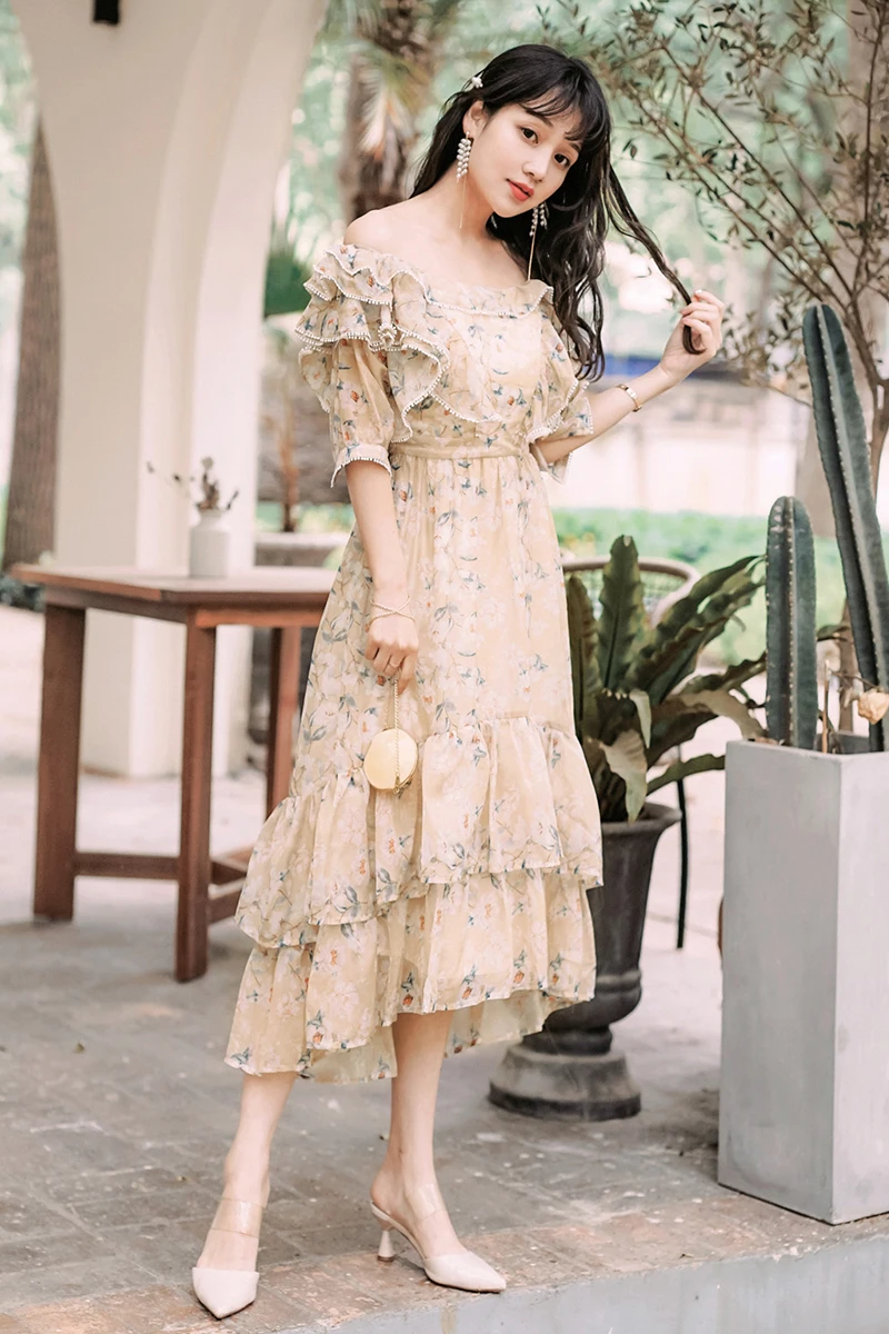 

YAMDI slash neck print floral dresses women 2020 vintage party a-line elegant woman summer dress runway boho half sleeve robe