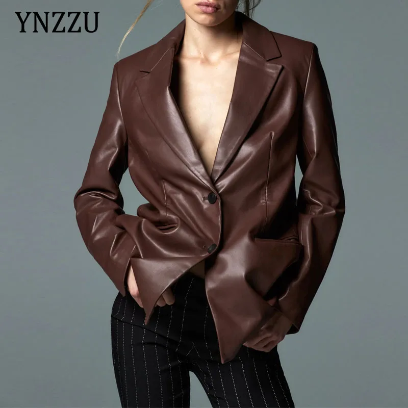 

Normcore Faux leather jacket Brown Office lady Fall Winter Loose Notch Single breasted Pea Coat Blazer Fashion 2021 YNZZU 1O319
