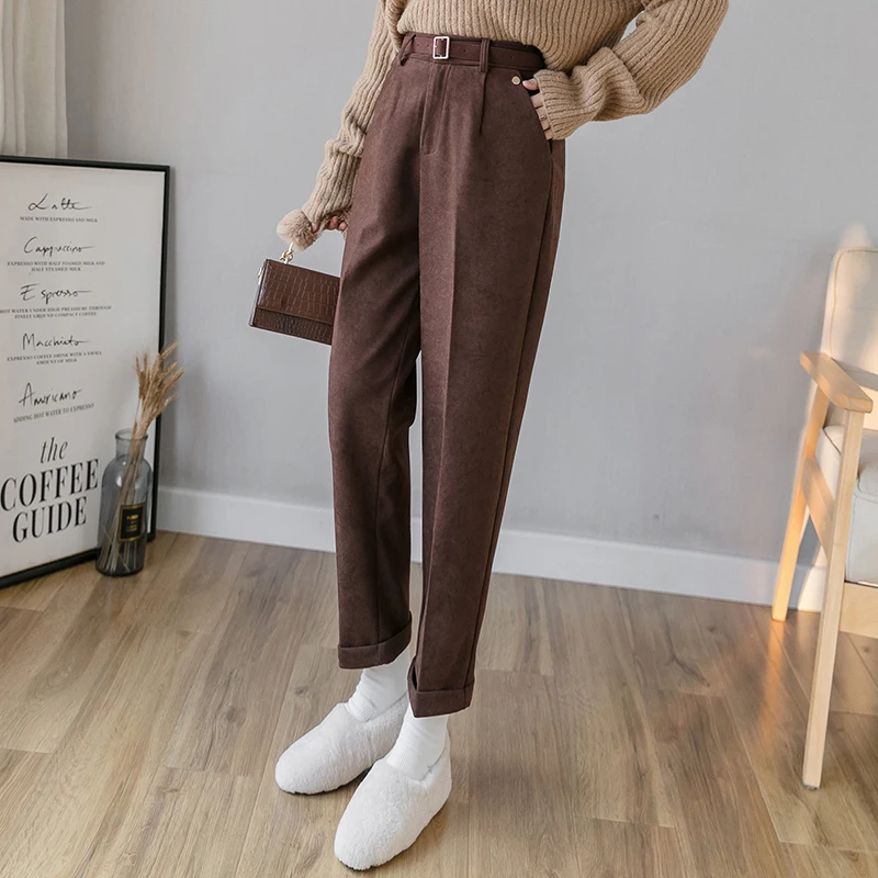 Женские утепленные шерстяные брюки с высокой талией зимние модные повседневные