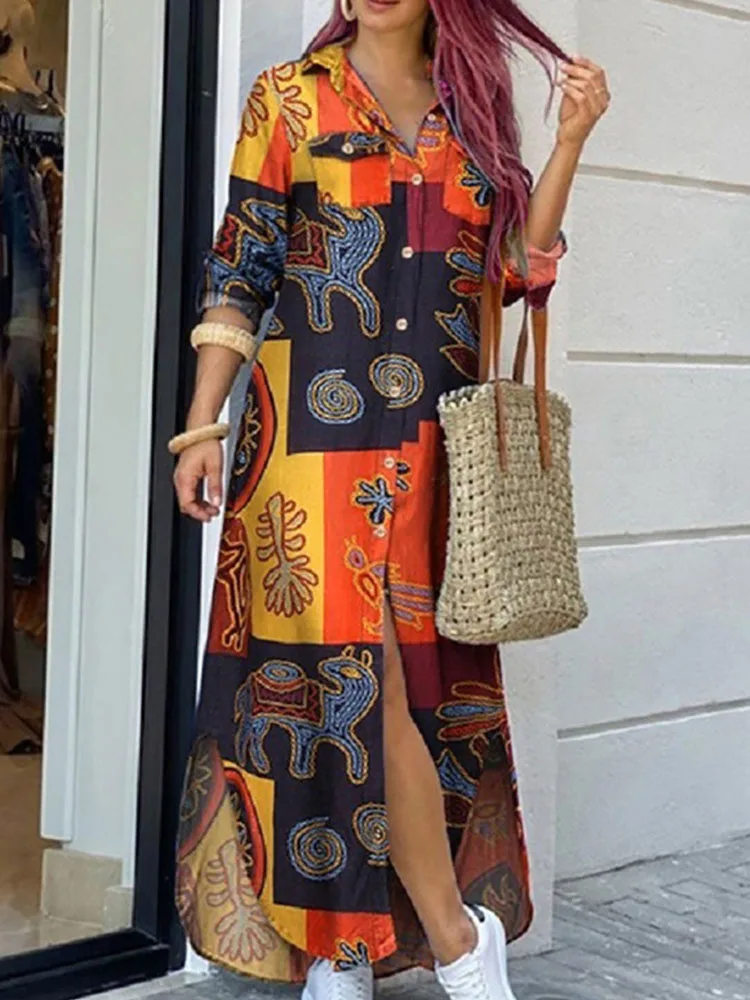 

Plus size Printed single-breasted long skirt women's dress robe femme vestidos