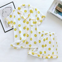 summer womens new style cotton gauze short sleeved shorts casual pajamas suit womens crepe smiley thin home pygama femme