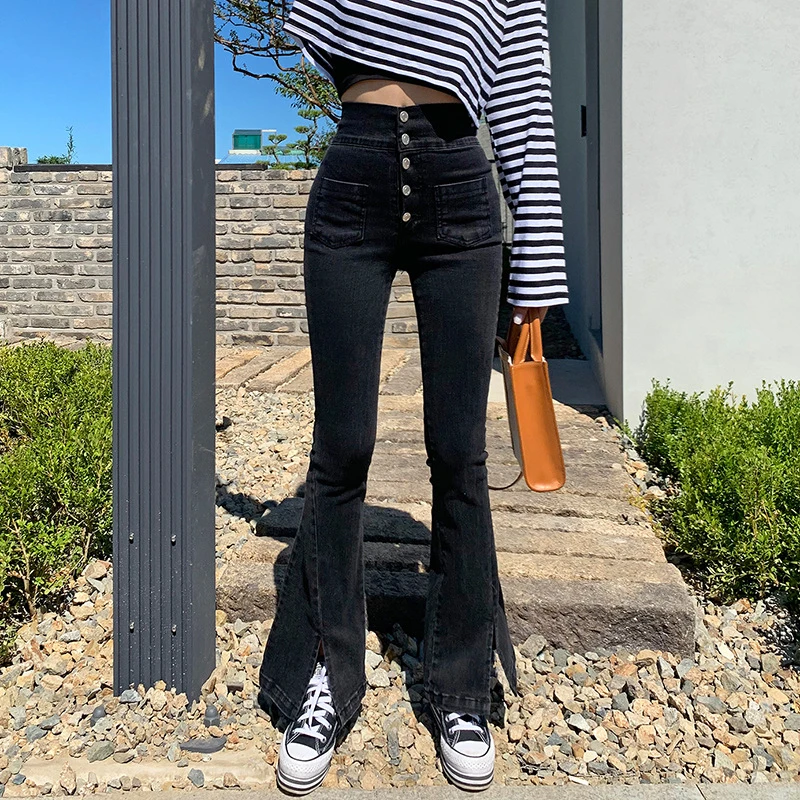 

Dourbesty 90s Grunge Black High Waist Denim Trousers Woman Jeans Y2K Casual Flared Pants Split Side Sweatpants Streetwear