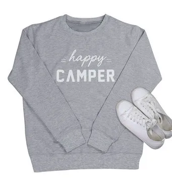

Woman Autumn Spring Korean Sweatshirts Happy CAMPER Grey O-neck Hoodies Pullover Long Sleeve Tops Hoodies