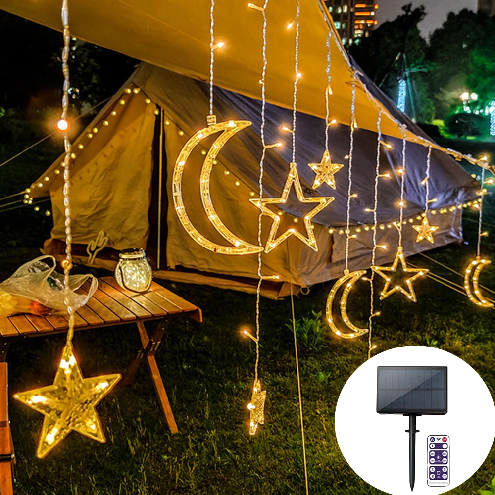 

3.5M Remote Control Solar Curtain String Light 138leds Star Moon Lamp for Christmas Ramadan Romantic Wedding Holiday Party Decor