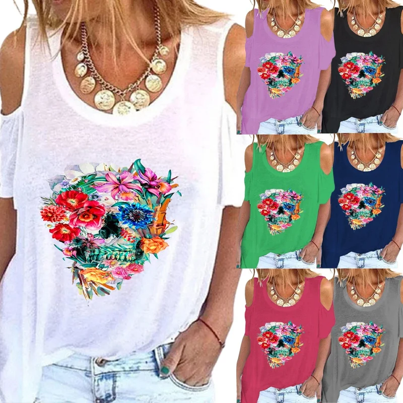 

Женские повседневные топы с принтом черепа, женская футболка с круглым вырезом и коротким рукавом, свободная блузка с графическим принтом и...