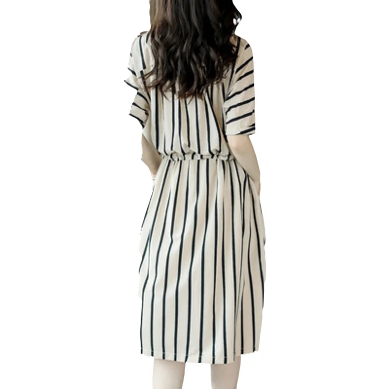 Женское летнее платье средней длины элегантное в Вертикальную Полоску с рукавом