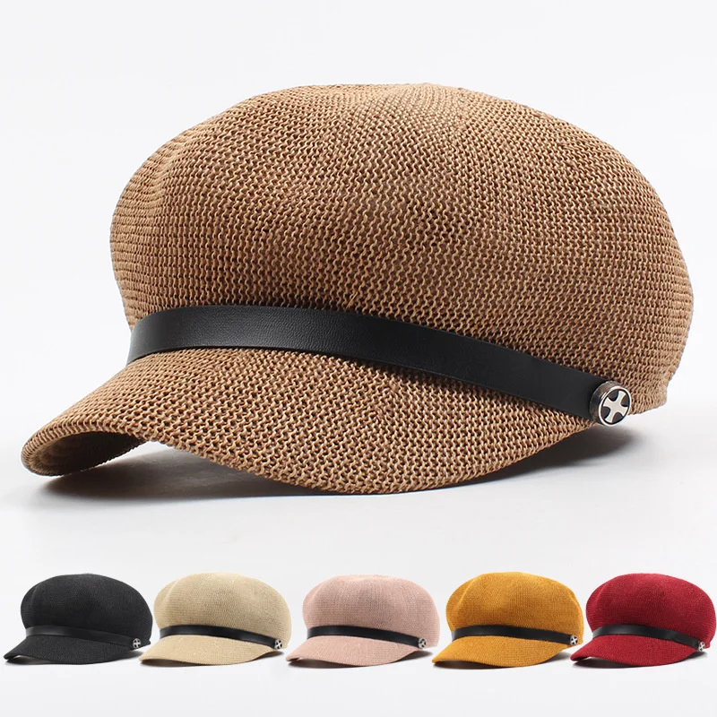 

Octagonal Cap Straw Women Summer Thin Newsboy Cap Painter Adjustable Rope Knitted Beret Mesh Breathable Boinas