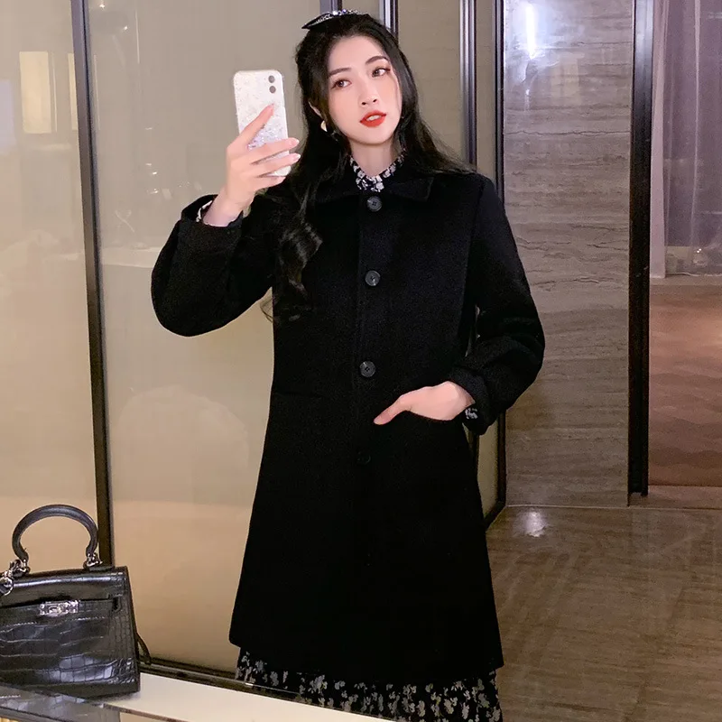 

2020 New Autumn Winter Coat Long Wool Jacket Womens Sleeve Lapel Solid Color Clothes Black Single-Breasted Outerwear Female