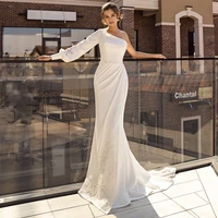 one shoulder mermaid wedding dress lace appliques backless pleat lantern long sleeve bridal gown with button back sweep train