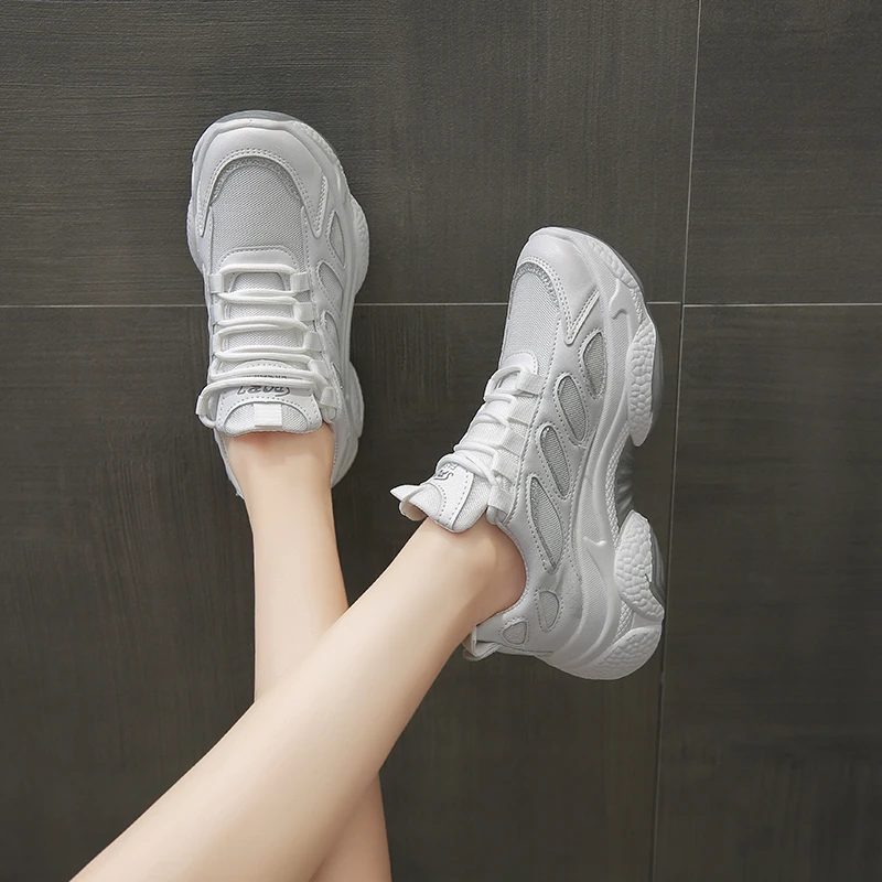 

2021 Spring Women's Chunky Sneakers Thick Bottom Lace-Up Contracted Women Dad Shoes Ladies Fashion Mesh Breathable Casual Shoes