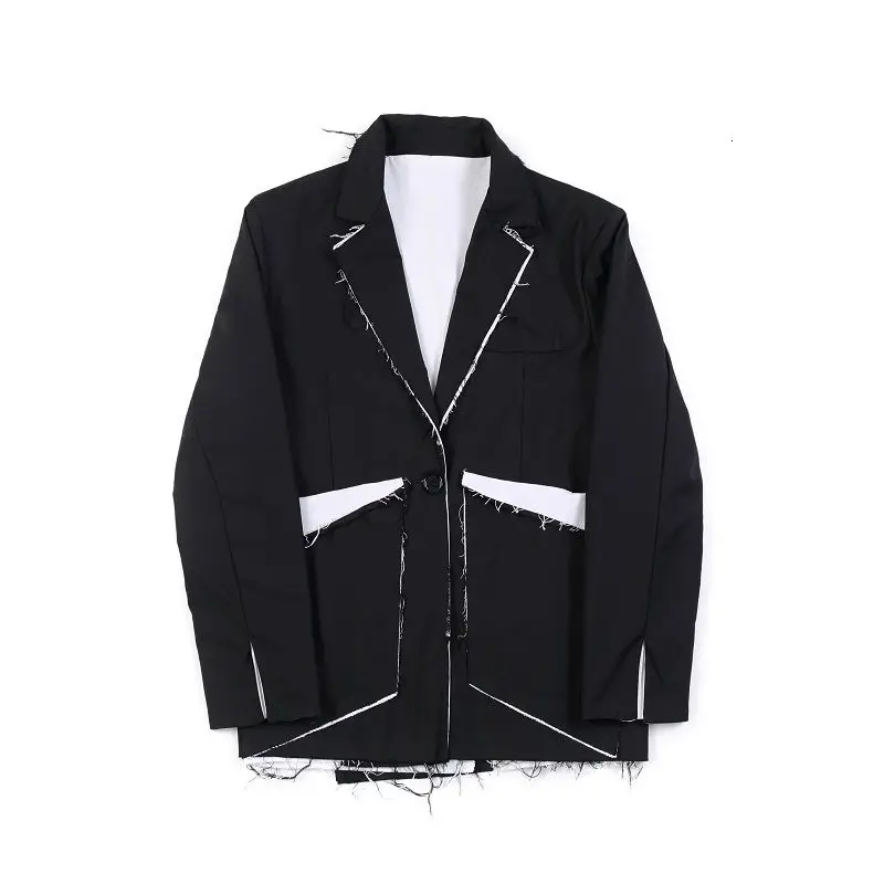 

LANMREM autumn oversize single button color block patchwork blazers for women 2021 new raw edges loose suit coat famale YJ976