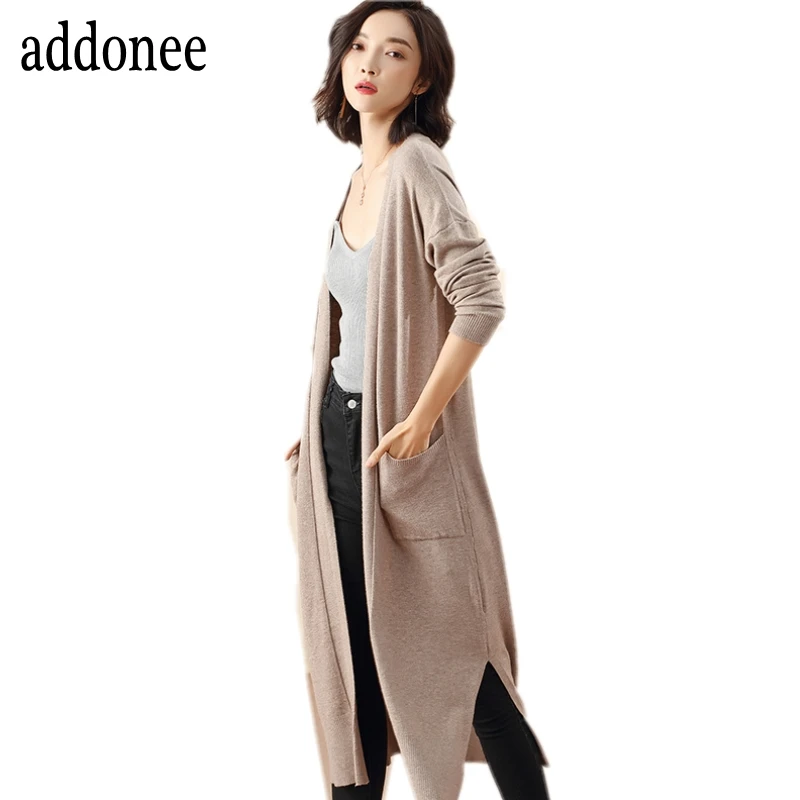 Женский длинный кашемировый шерстяной кардиган вязаный с v-образным вырезом