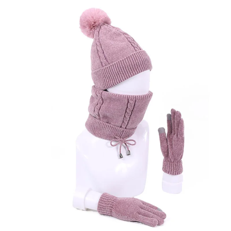 

Winter Warm Knitted Thick Skullies Beanies With Lining Scarf Gloves Sets Pom Pom Beanie Hat Ring Scarf And Touch Screen Gloves