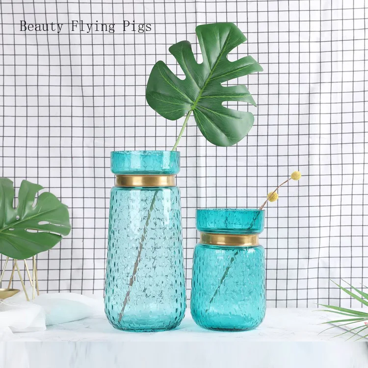 Прямая продажа светильник Роскошная синяя ваза с цветочной текстурой стеклянная