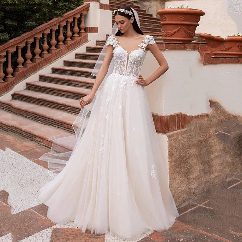 

Fashion V-Neck Lace 2022 Wedding Dress A-Line Off The Shoulder Tulle Bridal Gown With Backless For Pricess Robe De Mariée